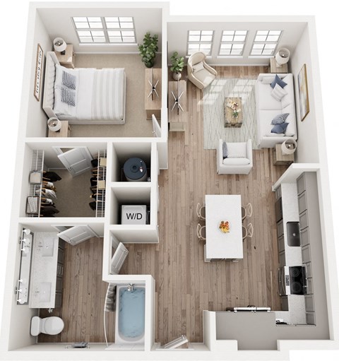 Floor plan for 1 bed, 1 bath, 748 sqft